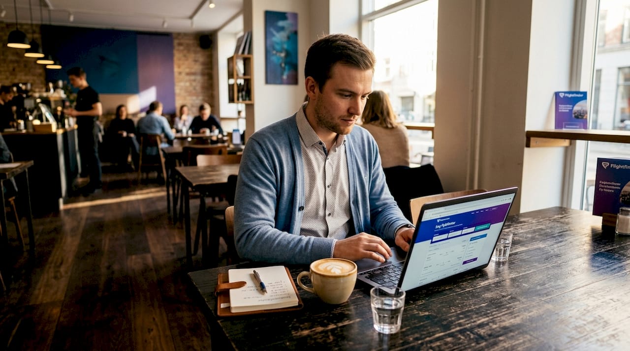 En mand sidder på café og tjekker priser på flybilletter på sit bord.