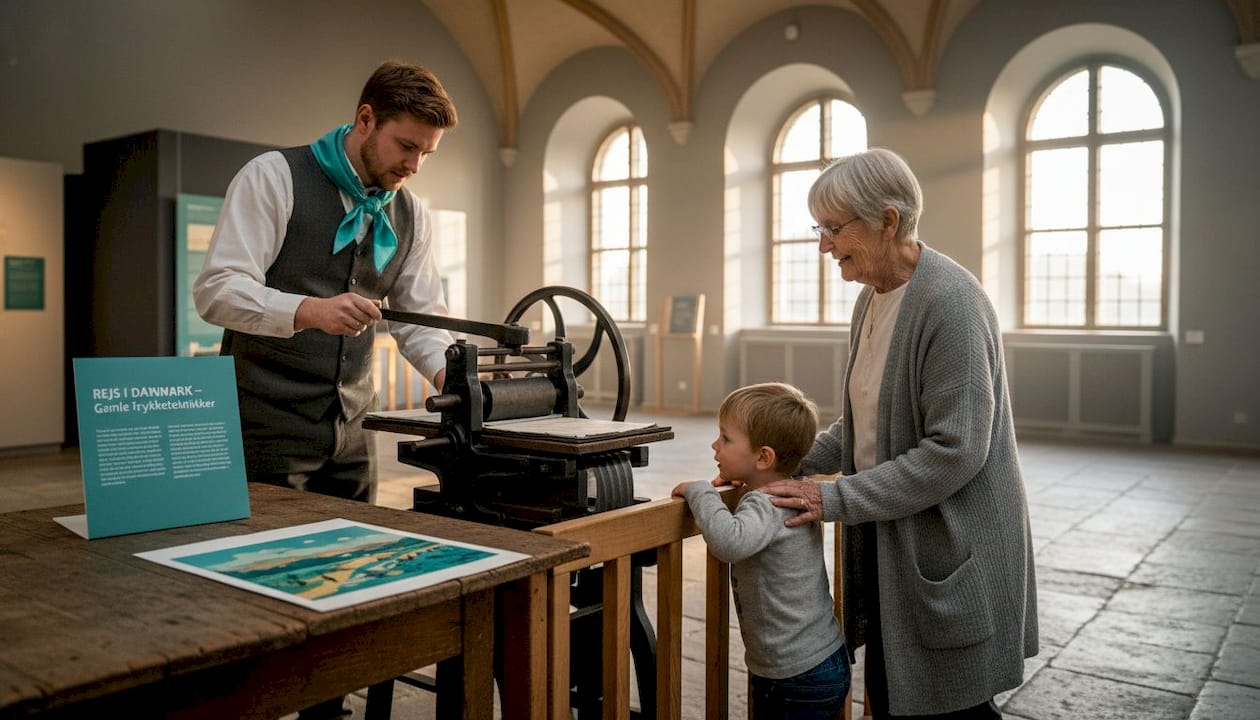 Großmutter und Enkel erkunden gemeinsam den Ausstellungsraum des Schlosses.