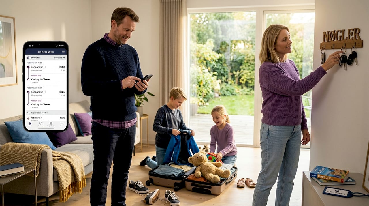 En dansk familie gør klar til at tage afsted mod lufthavnen og pakker taskerne til rejsen.