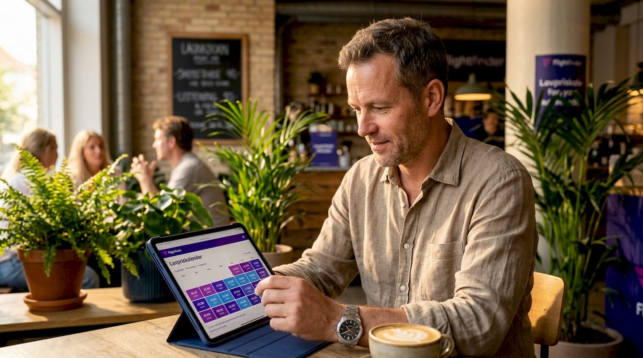 En mand sidder på en café og tjekker flybilletter i kalenderen på sin telefon.