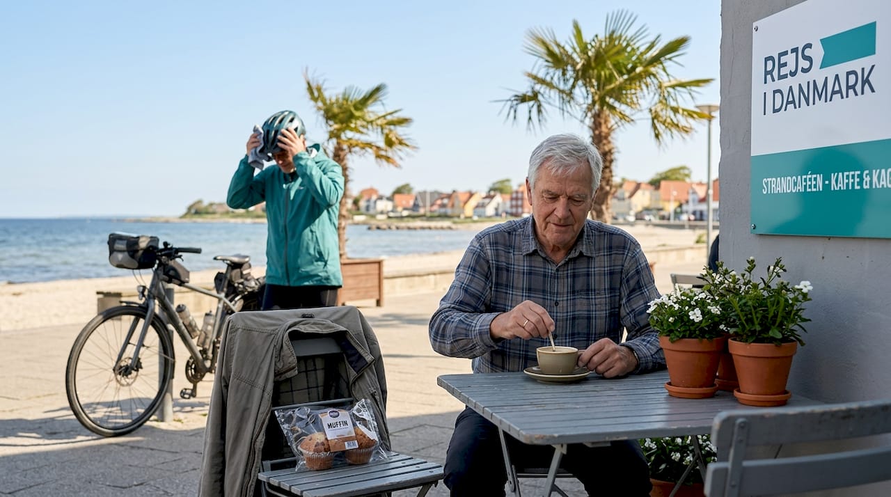 A man enjoys a cup of coffee on the terrace at a café on a Danish island.