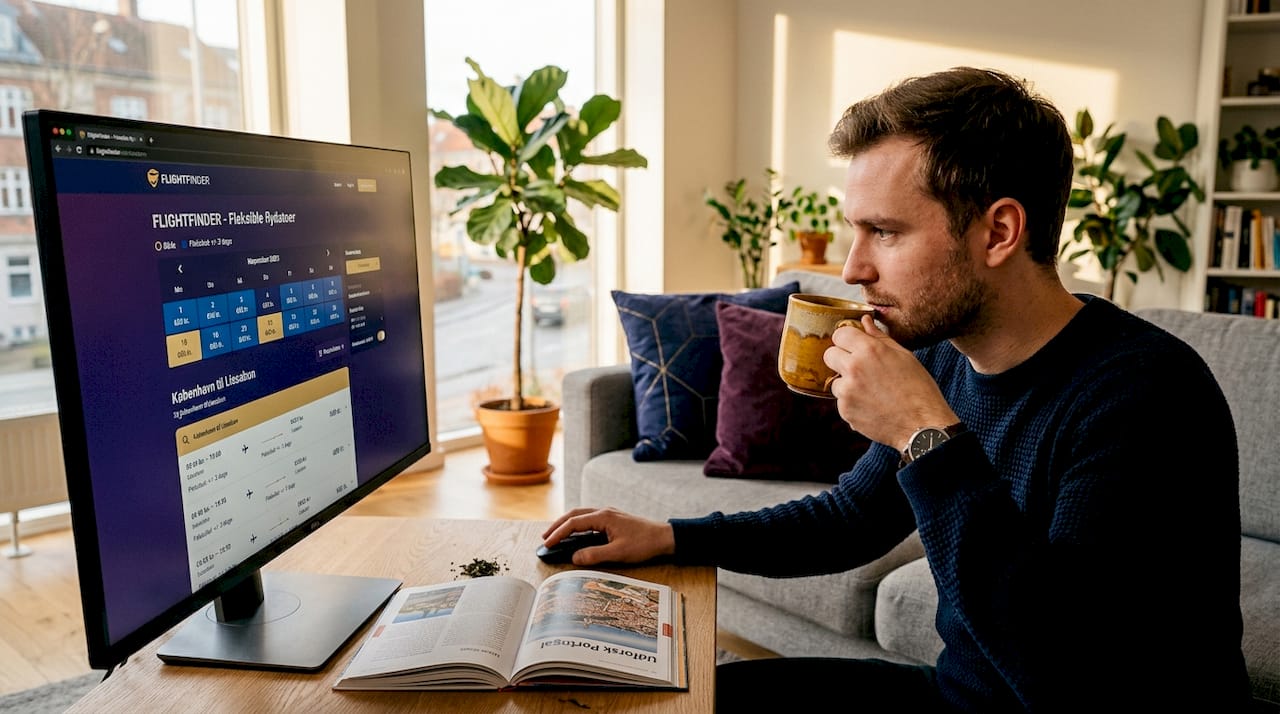 Mand sidder ved computeren og tjekker flybilletter med fleksible datoer