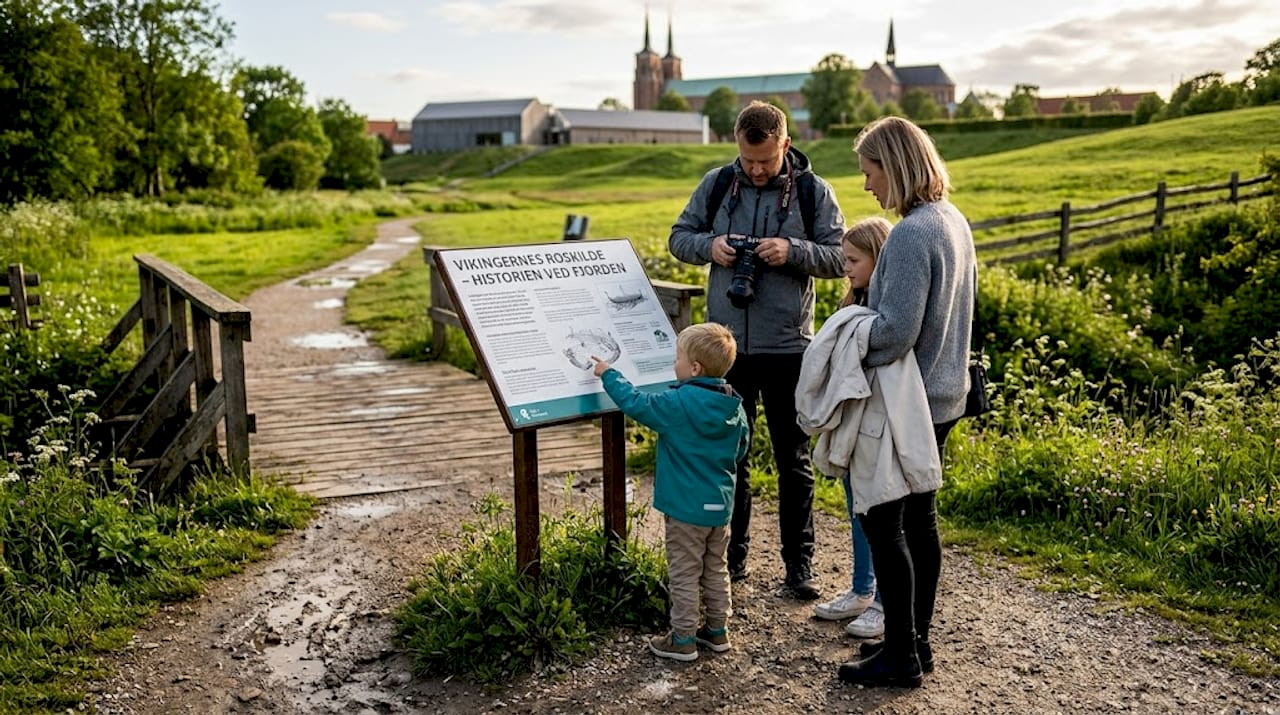 Familie på udflugt til et historisk vikingested i Danmark