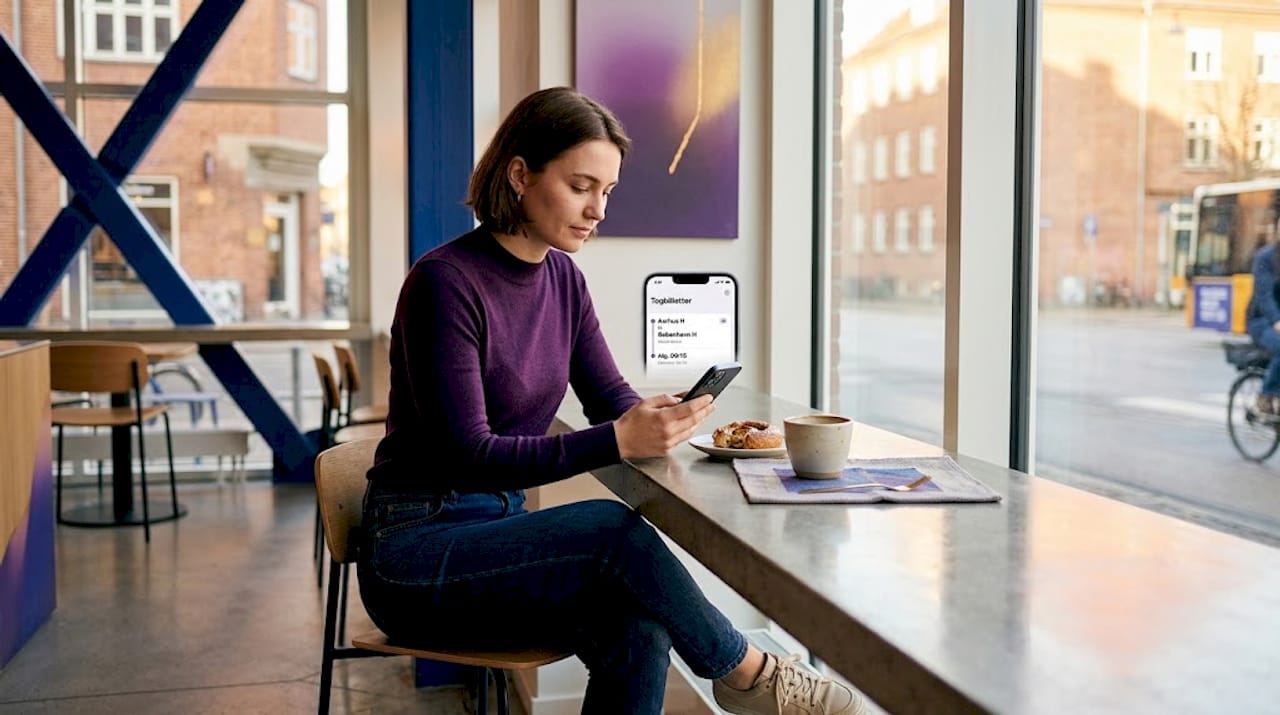 En kvinde sidder på en café og tjekker sin togbillet på mobilen.