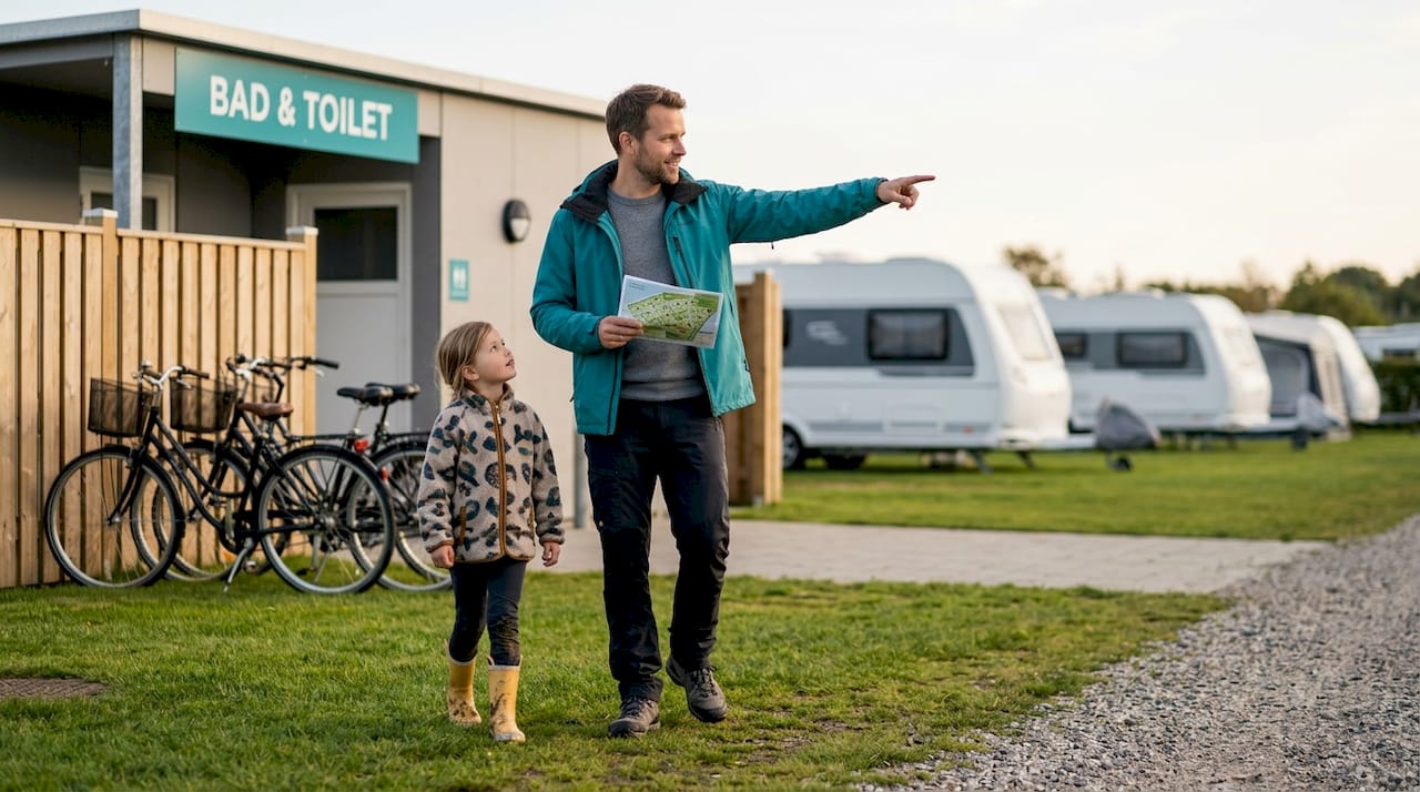 Mother and daughter arrive at a Danish campsite