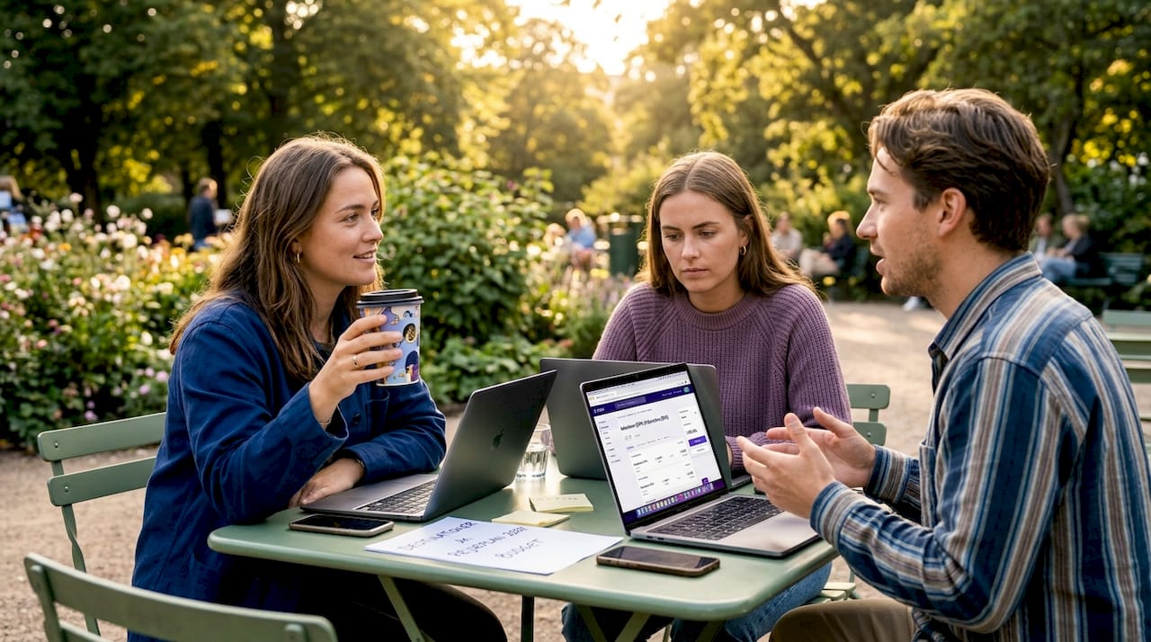 Venner sidder på en café og snakker om, hvor de skal rejse hen og hvilke muligheder der er.