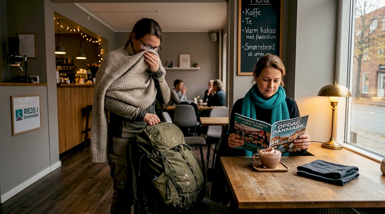 Eine Frau genießt eine Pause in einem gemütlichen Café, während der Herbst draußen Einzug hält.