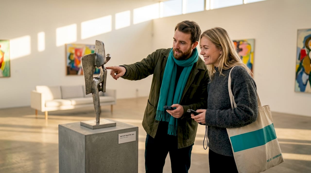 To venner står og snakker sammen ved en skulptur på museet.