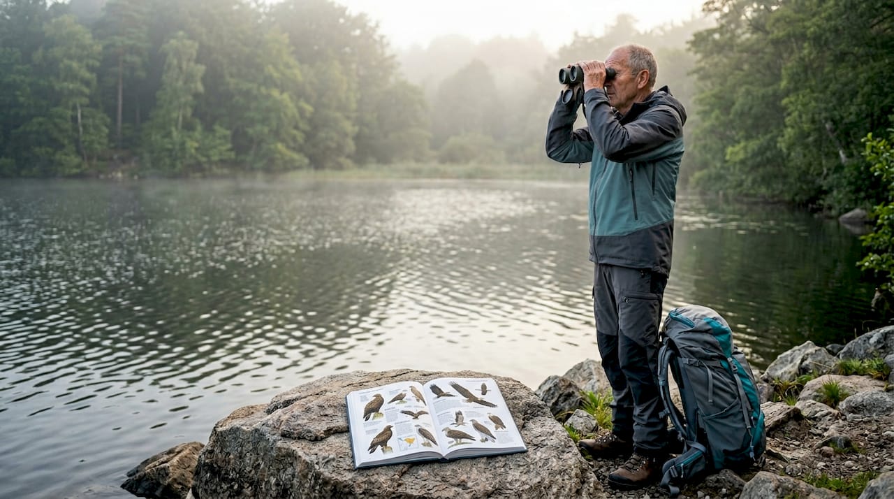 A man is standing by the lake in a Danish park and looking at the birds.