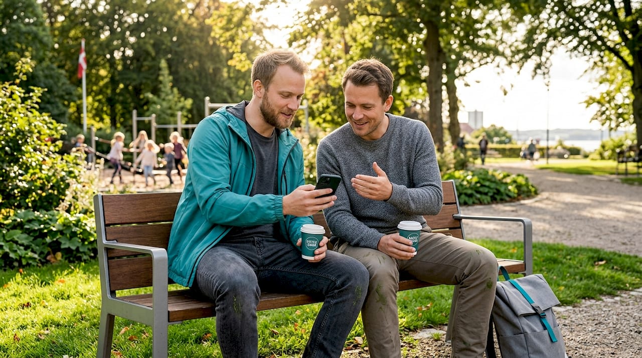 En gruppe venner studerer et oplevelseskort sammen i en dansk park