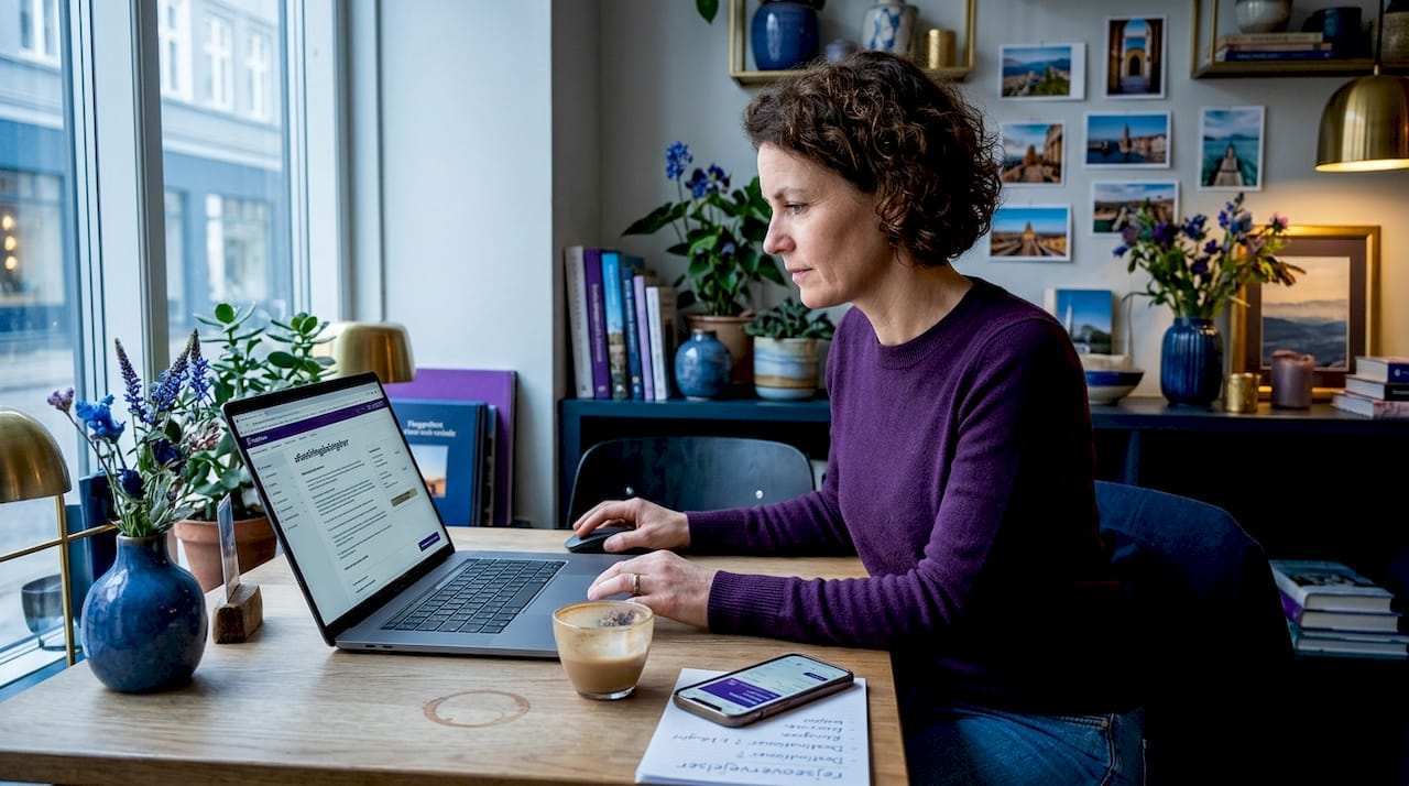 En kvinde sidder ved sin laptop og tjekker reglerne for aflysning.
