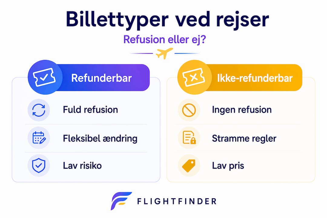 Se vores infografik, der giver dig et hurtigt overblik over de forskellige billettyper og deres muligheder for refusion.