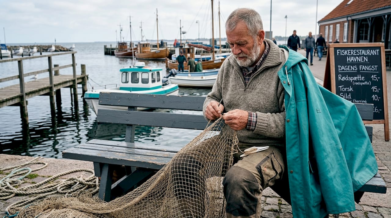 En fisker sidder ved Dragør havn og reparerer sit net.