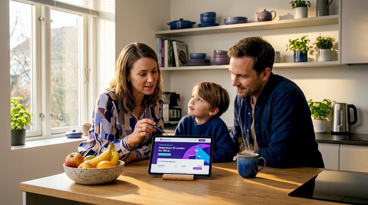 En familie sidder i stuen og tjekker flybilletter på deres tablet.