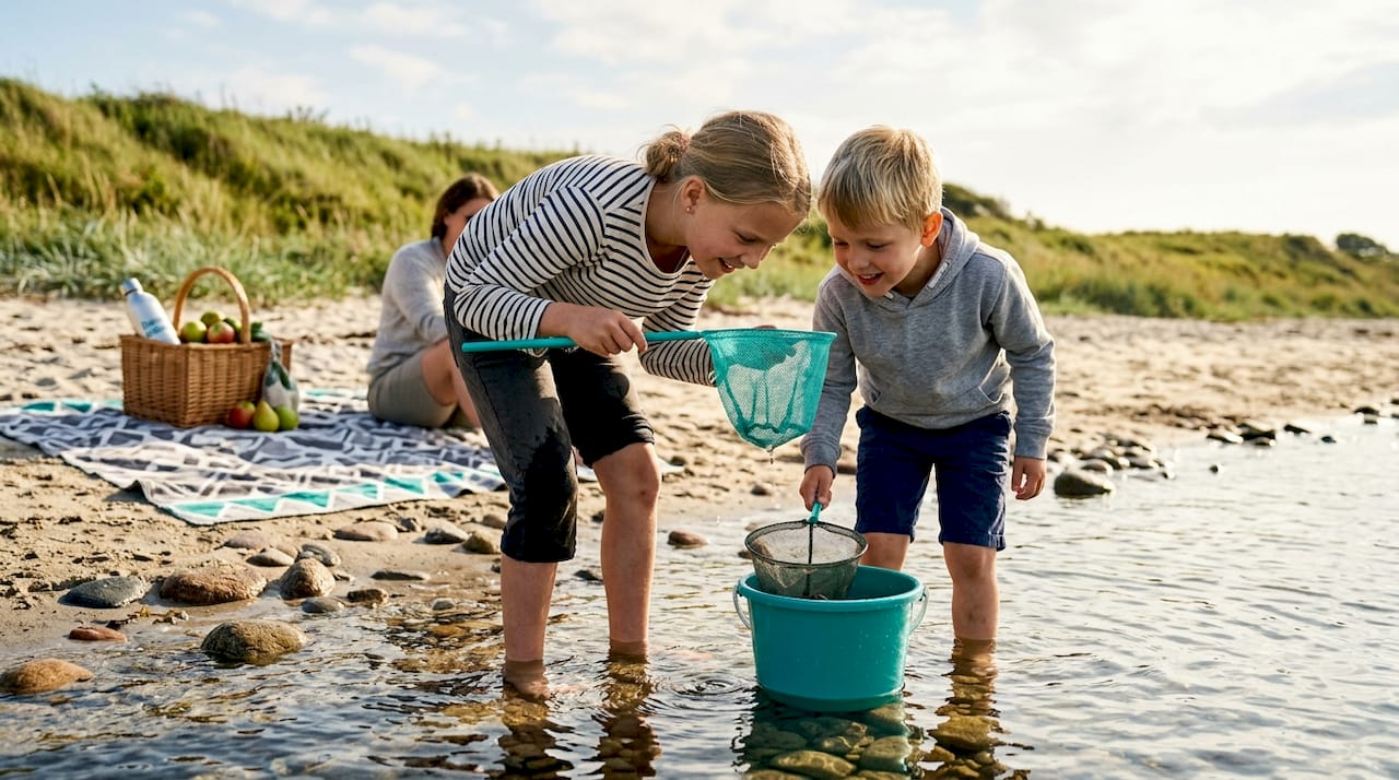 En gruppe børn leger ved vandkanten og fanger småfisk i det lave vand.