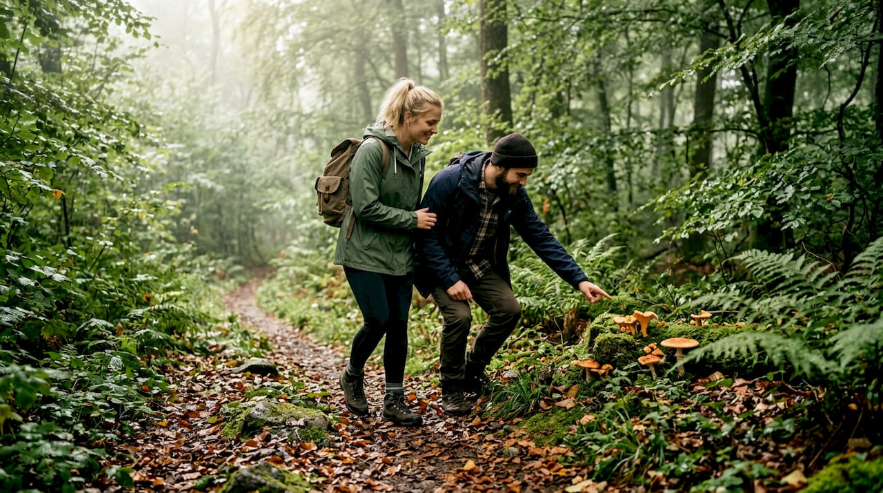 Ein Paar geht Hand in Hand einen Waldweg entlang und genießt die frische Luft und die grünen Umgebung.
