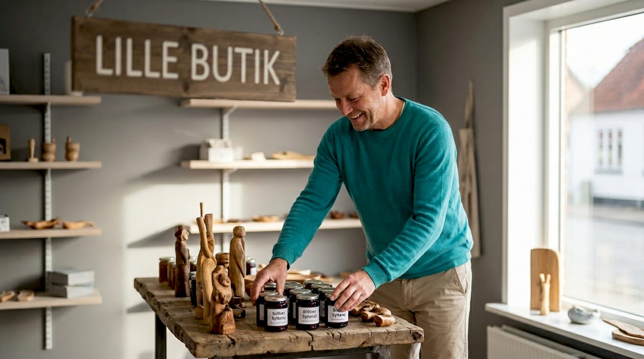 Butiksejeren gør klar til at stille lokale specialiteter frem i butikken fra morgenstunden.
