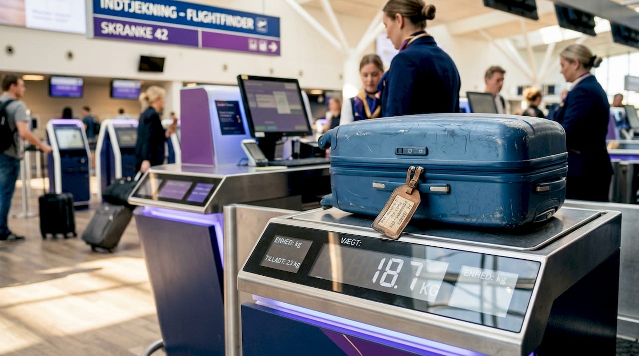 En kuffert bliver vejet på bagagevægten i lufthavnens check-in område.