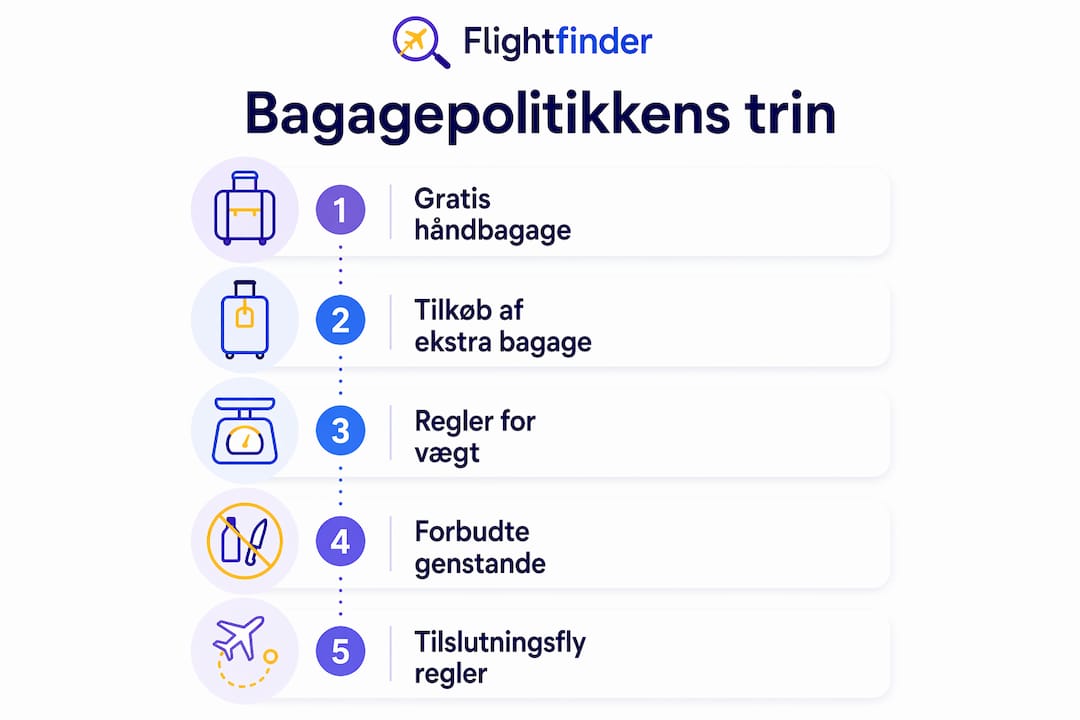 Grafisk oversigt, der viser de forskellige trin i vores bagageregler