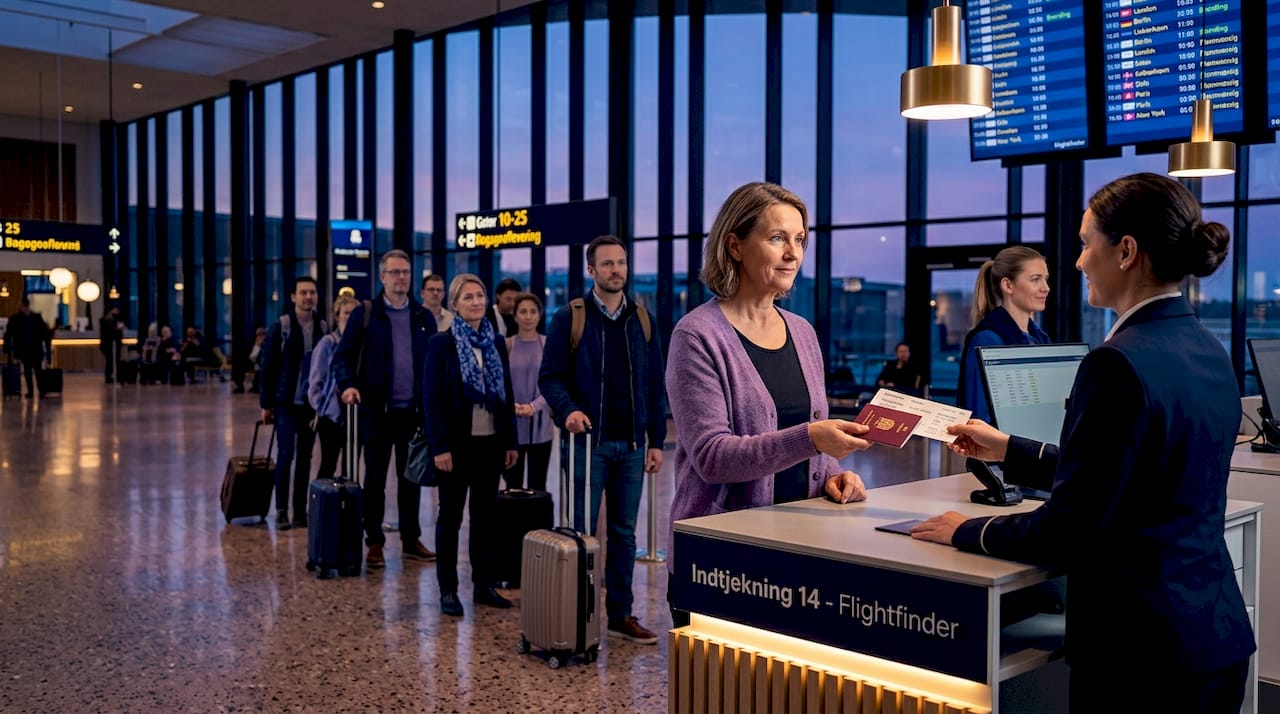 Rejsende står i kø ved check-in skranken i en travl lufthavn.