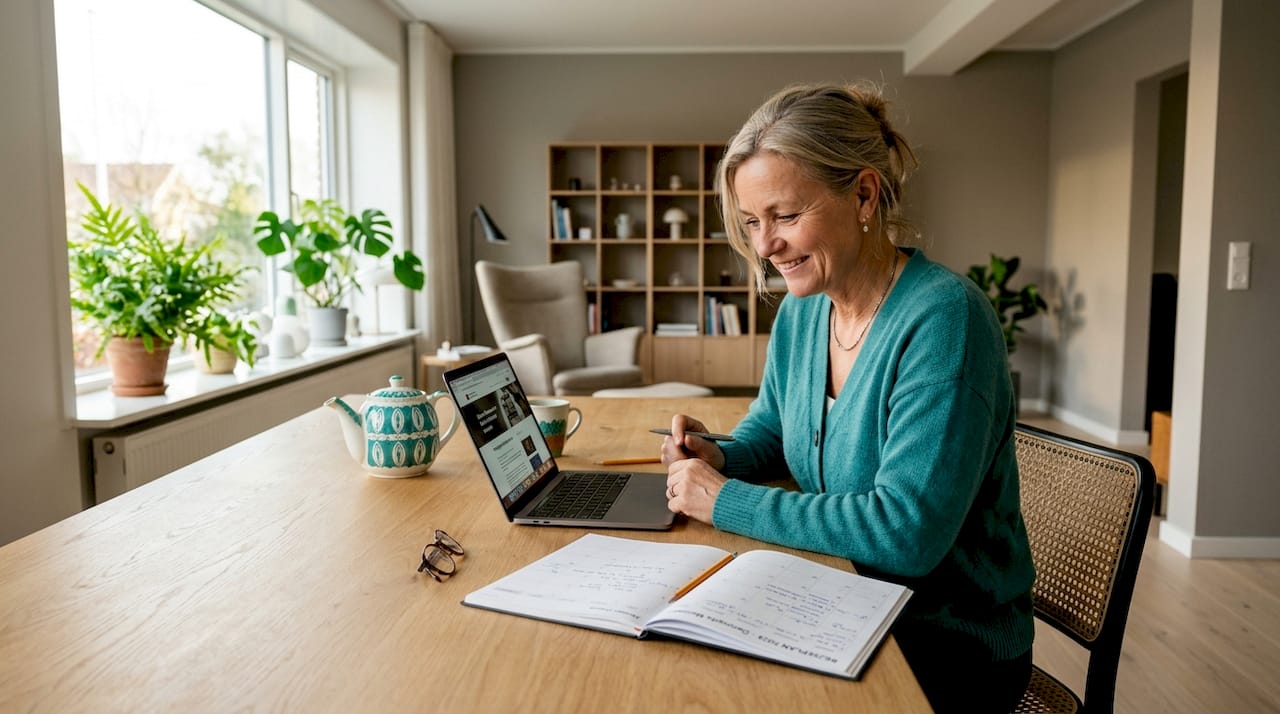 A woman is sitting at the kitchen table making plans for her next museum visit.
