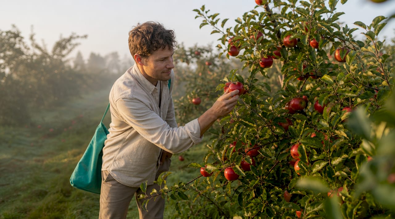 En hånd rækker op og plukker et æble i en af Fejøs æbleplantager.
