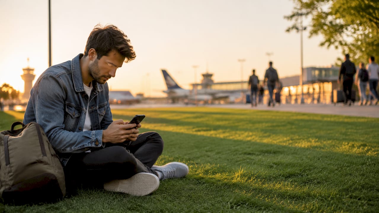 En person sidder i lufthavnen og tjekker flybilletter på mobilen.
