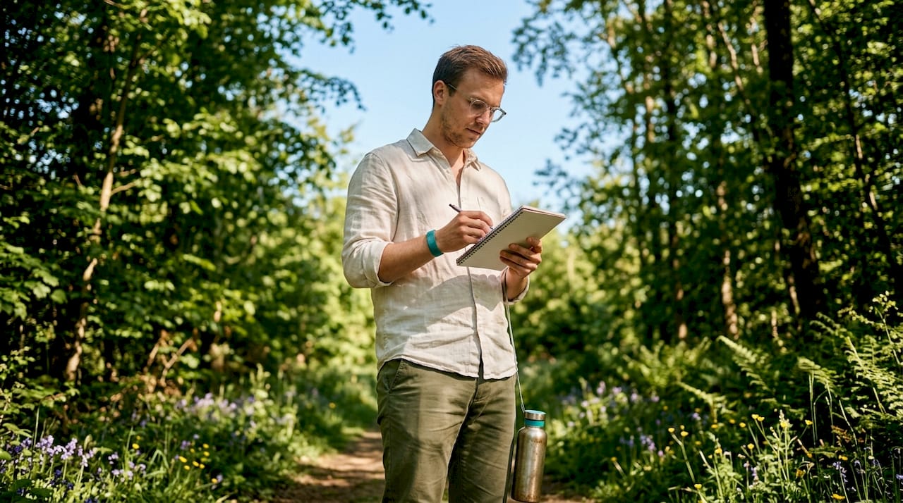 En mand sidder på en bænk i byparken med en notesbog i hænderne.