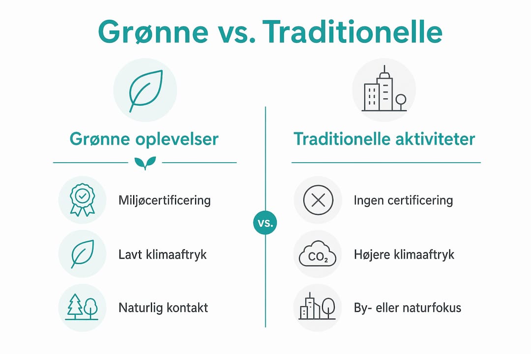 Grafisk oversigt, der viser forskellene mellem bæredygtige oplevelser og mere traditionelle alternativer