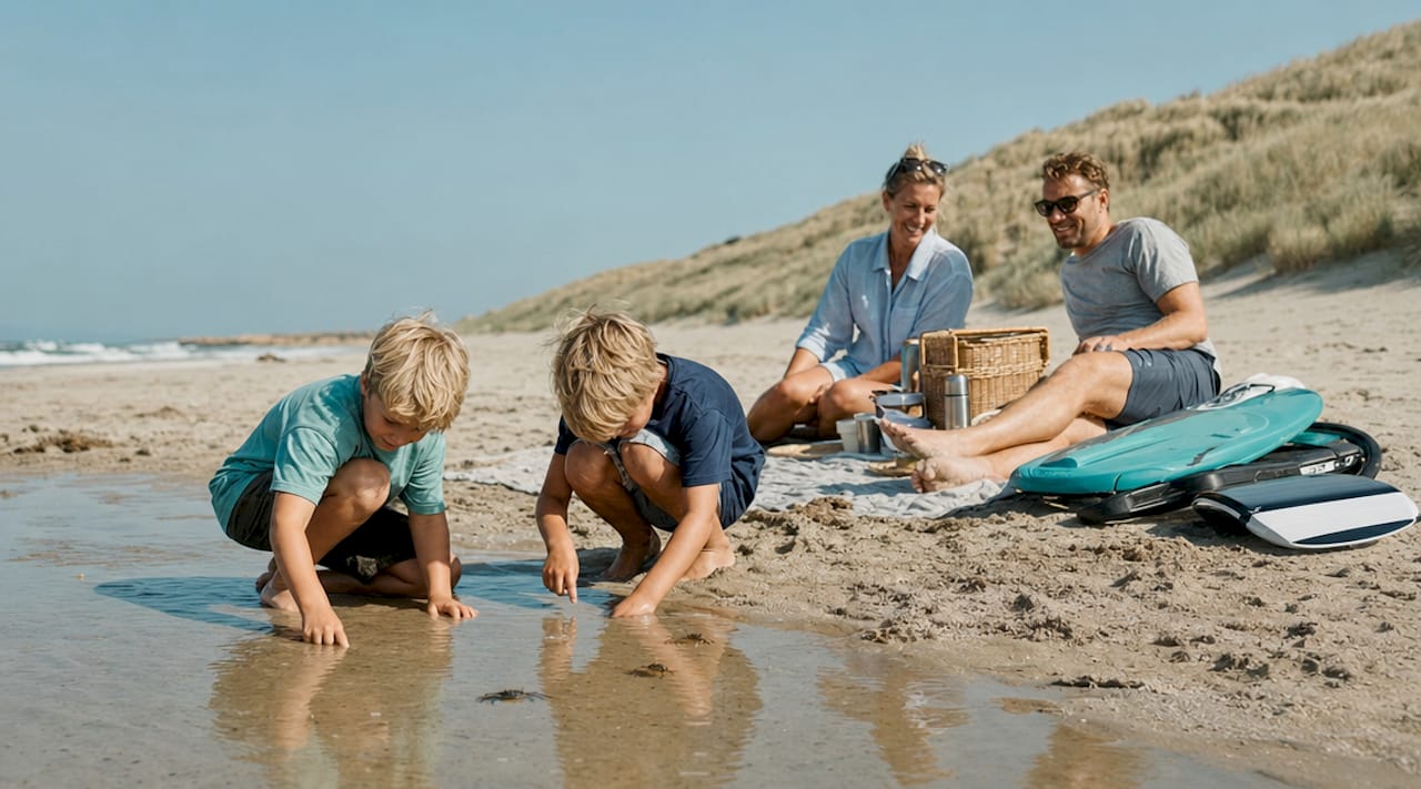 En familie hygger sig med picnic og sjove strandaktiviteter ved de danske kyster.