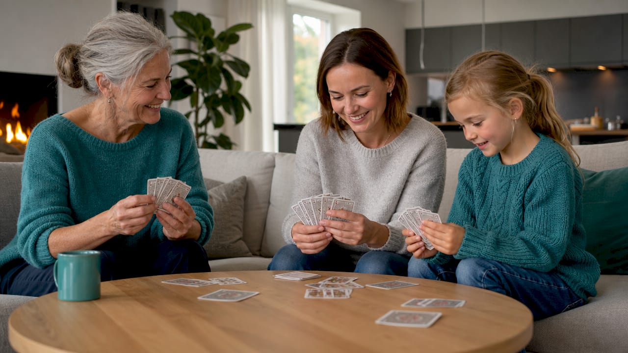 Tre generationer samles omkring sofabordet og hygger sig med et brætspil en eftermiddag derhjemme.