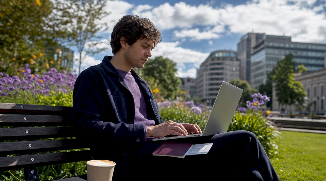 En person sidder på en café og søger efter flybilletter på sin bærbare computer.