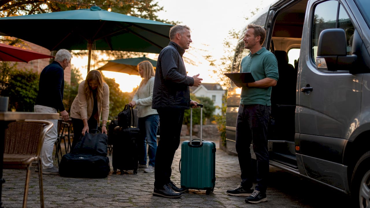 En mand står udenfor og organiserer transporten for gruppen, der skal med bussen.