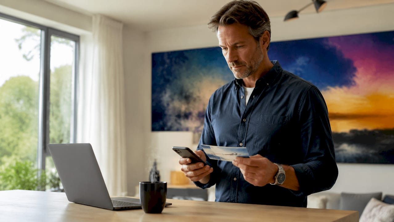 Mand tjekker og sammenligner sine optjente airmiles og statuspoint på mobilen og flybilletten