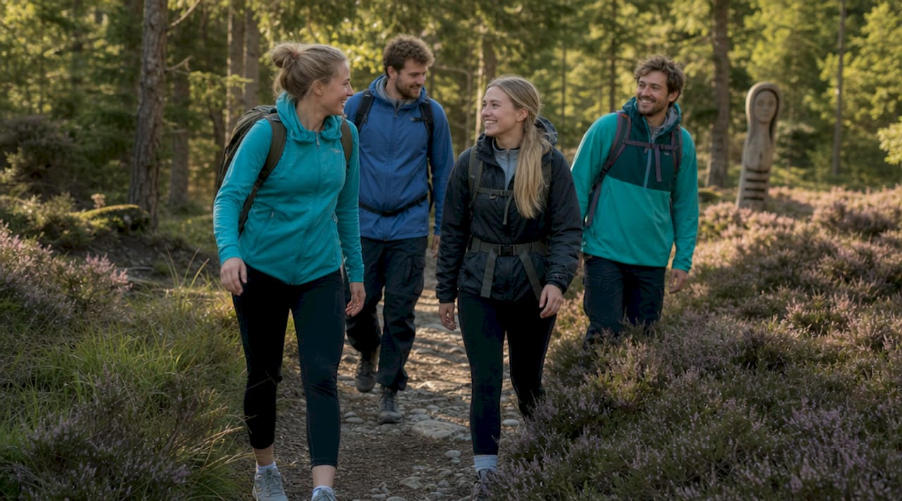 En gruppe vandrere nyder en tur ad de snoede skovstier i Nationalpark Thy.