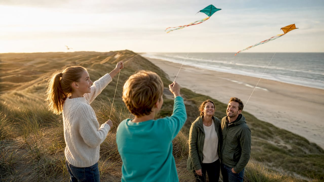 En familie hygger sig med at flyve med drage på stranden i Søndervig, mens solen går ned.