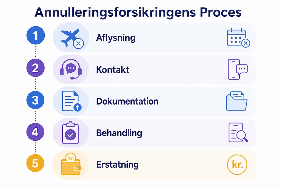 Grafisk oversigt, der giver et nemt overblik over, hvordan en annulleringsforsikring fungerer – trin for trin.
