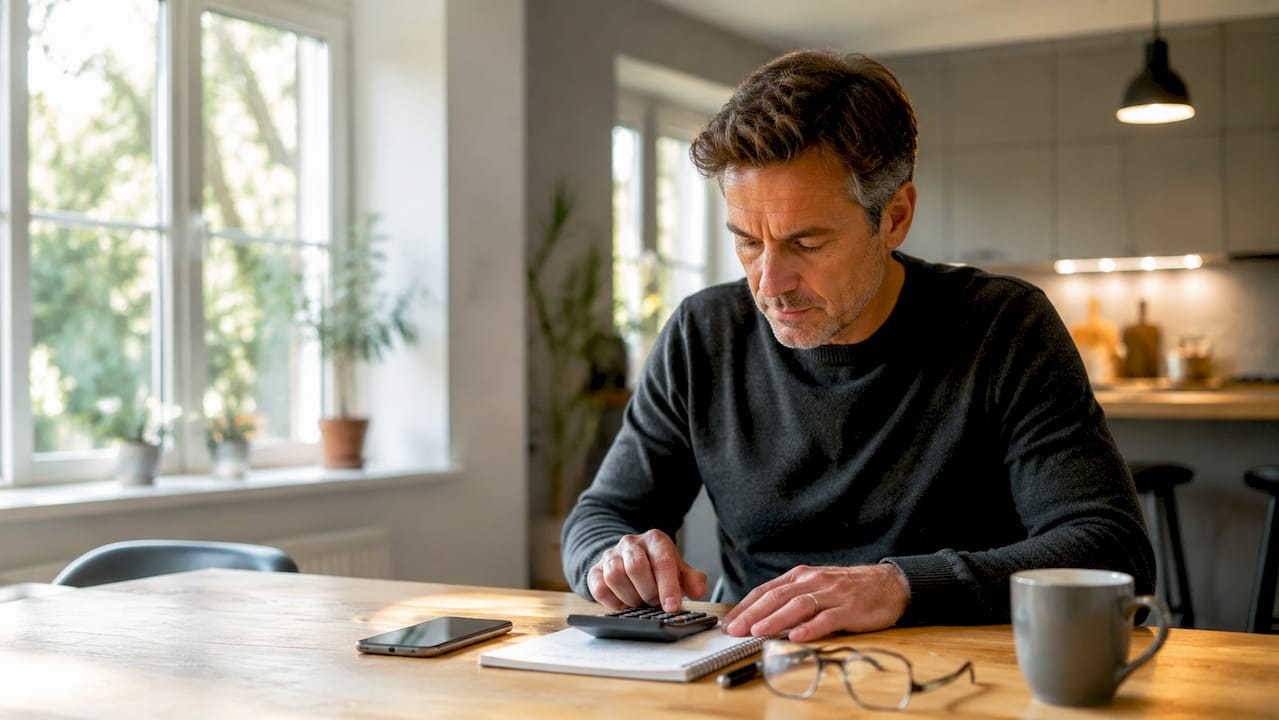 En person sidder og taster tal ind på en lommeregner, mens der bliver lavet budgetnotater ved siden af.