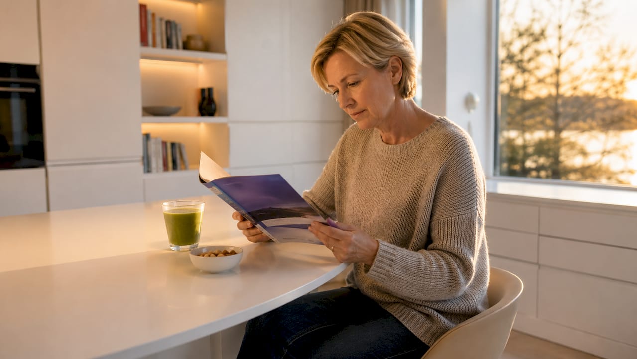 Kvinde sidder og læser en brochure om årsrejseforsikring
