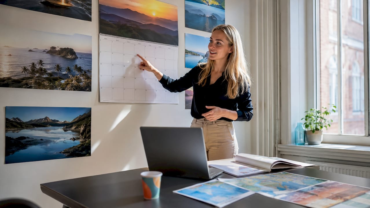 Hænder peger på en kalender med tilbud om rabat ved tidlig booking