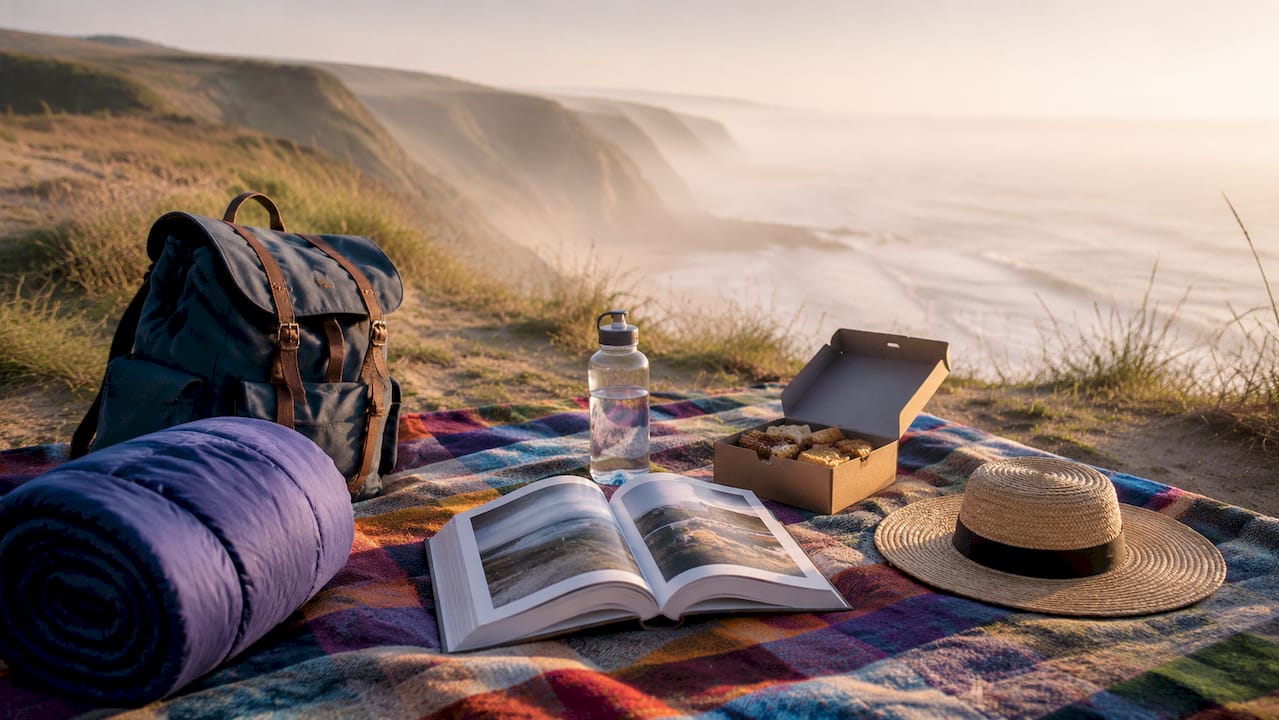 Et picnictable fyldt med kort og vandreudstyr står klar under åben himmel – perfekt til en dag ude i den danske natur.