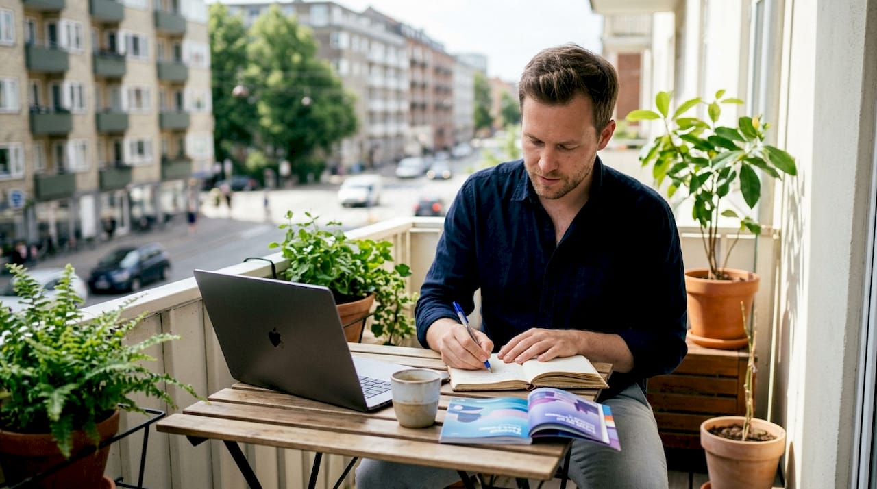 Mand gør klar til at booke fly og har skrevet sine noter ned