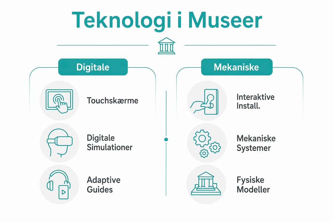 Infografik, der sætter fokus på forskellene mellem digitale og mekaniske løsninger i interaktive museumsoplevelser