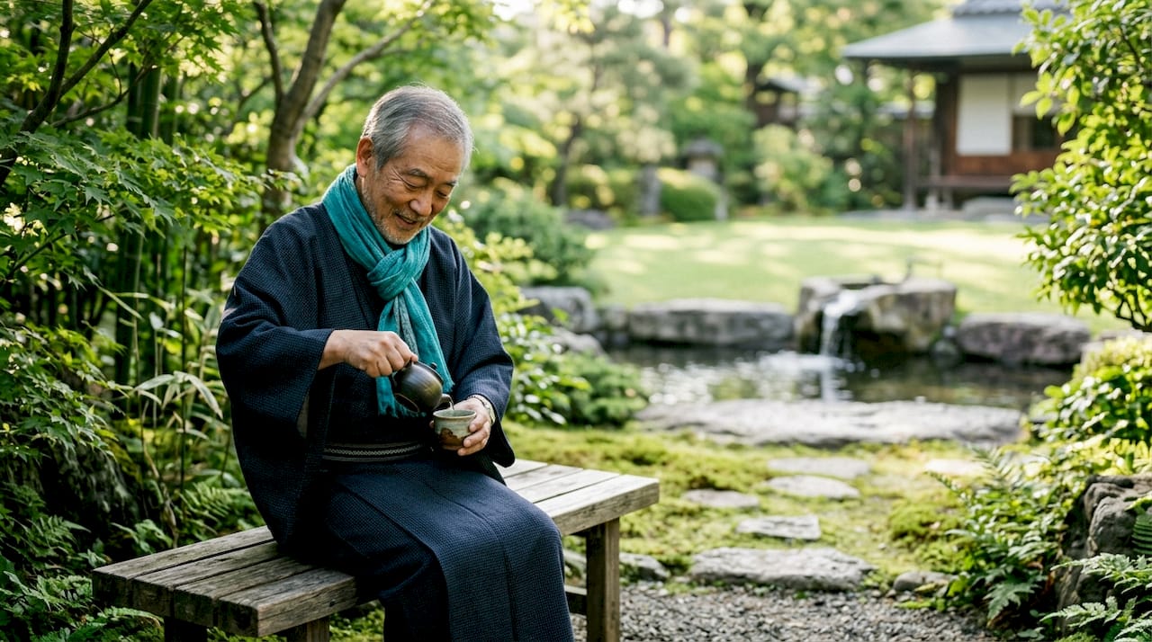 En ældre japansk mand viser, hvordan den traditionelle te-ceremoni foregår.