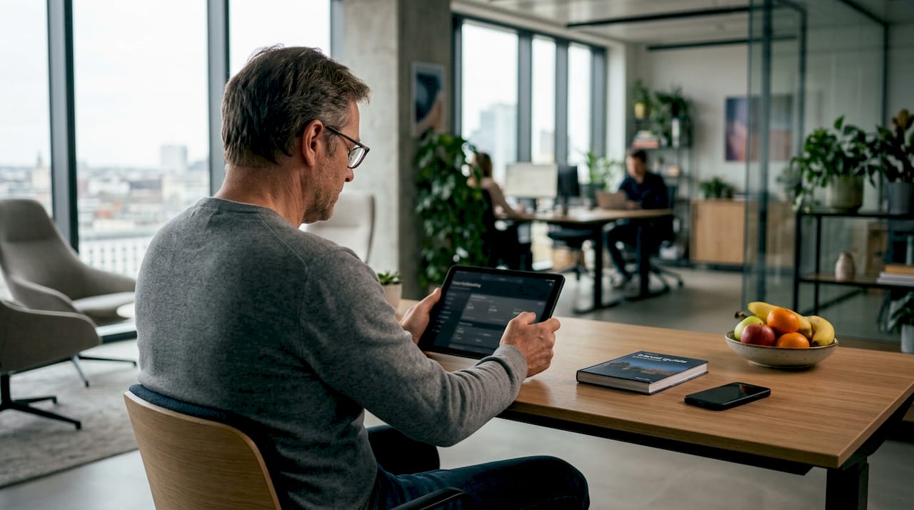 En mand sidder derhjemme og tjekker sin flybillet på computeren.