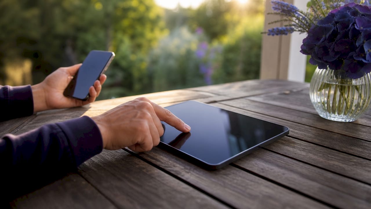 Hænder, der bruger både tablet og mobiltelefon, ligger på bordet i fokus.