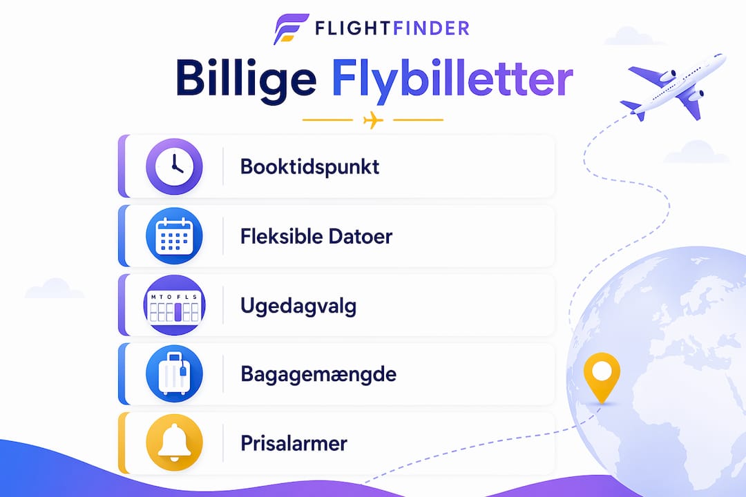 Få overblik over, hvordan du nemt finder de billigste flybilletter – trin for trin i denne infografik.