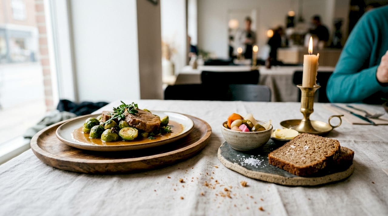Sæsonens middag serveret på en hyggelig dansk kro