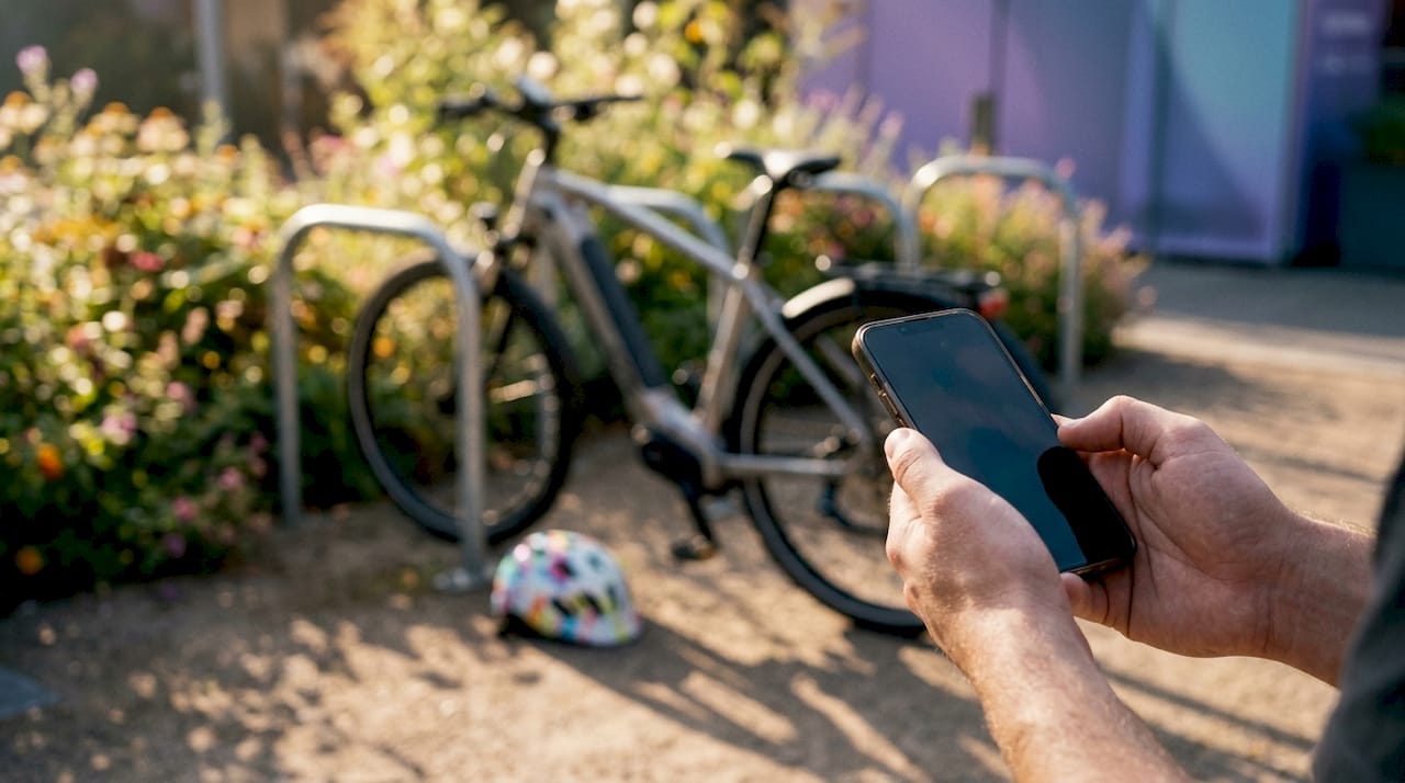 En person holder en smartphone op foran en elektrisk bus, mens cyklister passerer forbi.