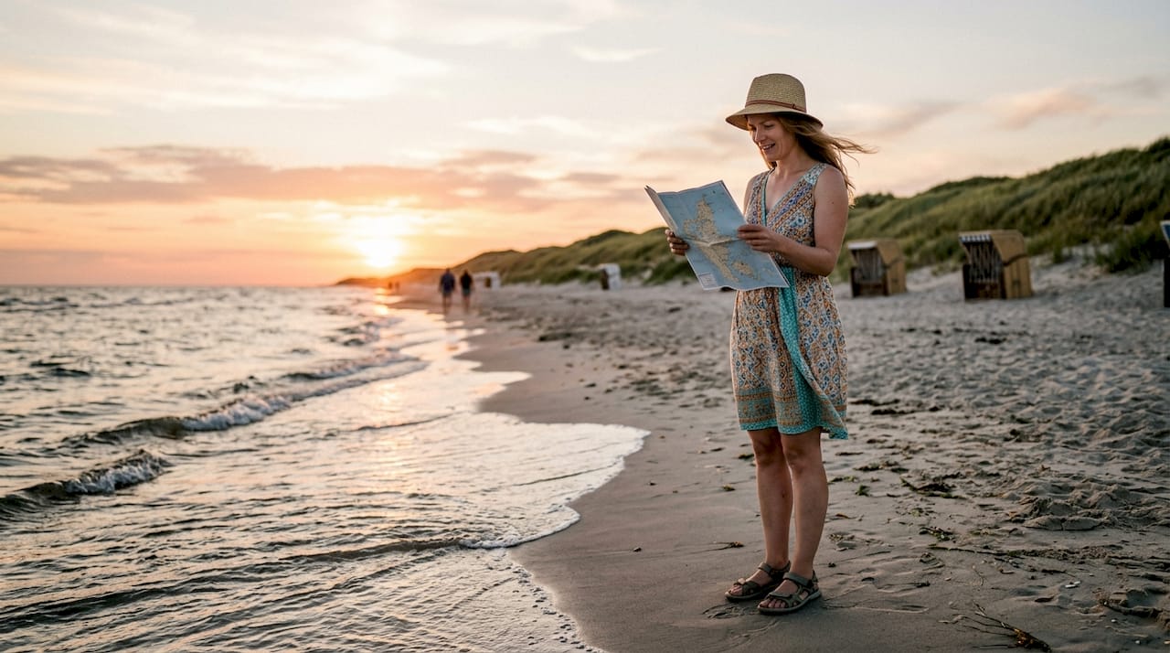 En kvinde står på en dansk strand og kigger på sit kort